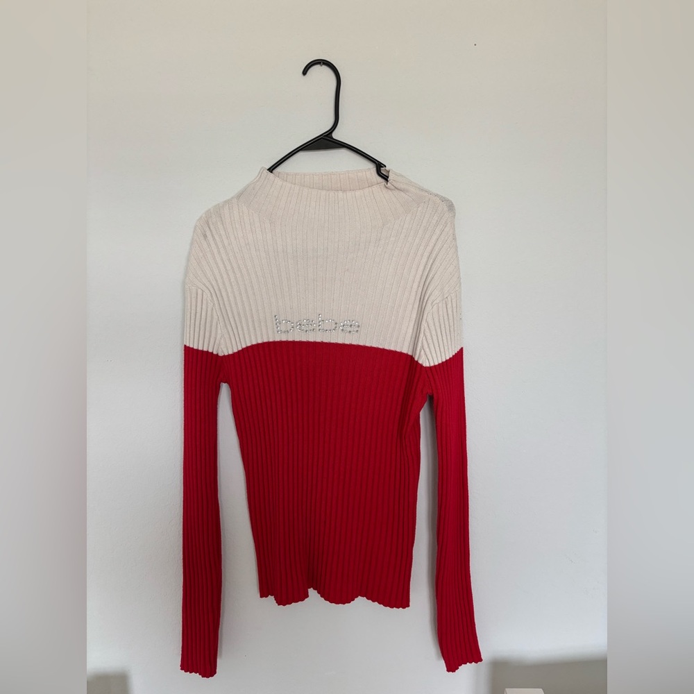 Bebe Women's Colorblock Mock Turtleneck Sweater Rhinestone Logo Red White